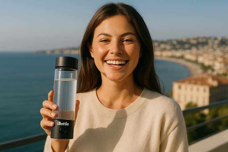 smiling woman holding ibottle hydrogen water bottle