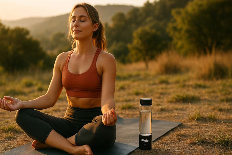 woman meditating with ibottle hydrogen water bottle Australia
